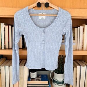 Hollister Baby Blue Ribbed Henley Top Womens Small Y2K Style Long Sleeve Cropped